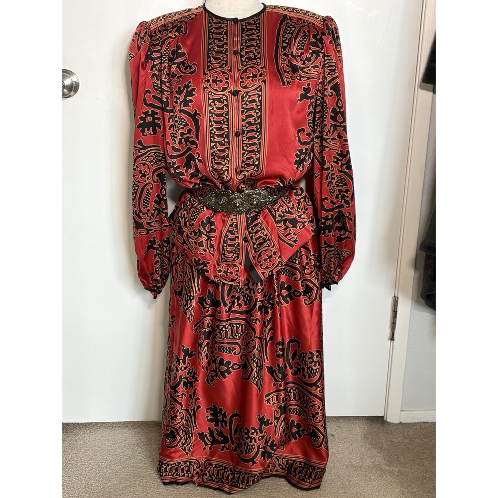 Anne Crimmins UMI Skirt Blouse Set Women 12 Red Black Asian Print 4pc Silk 80s
